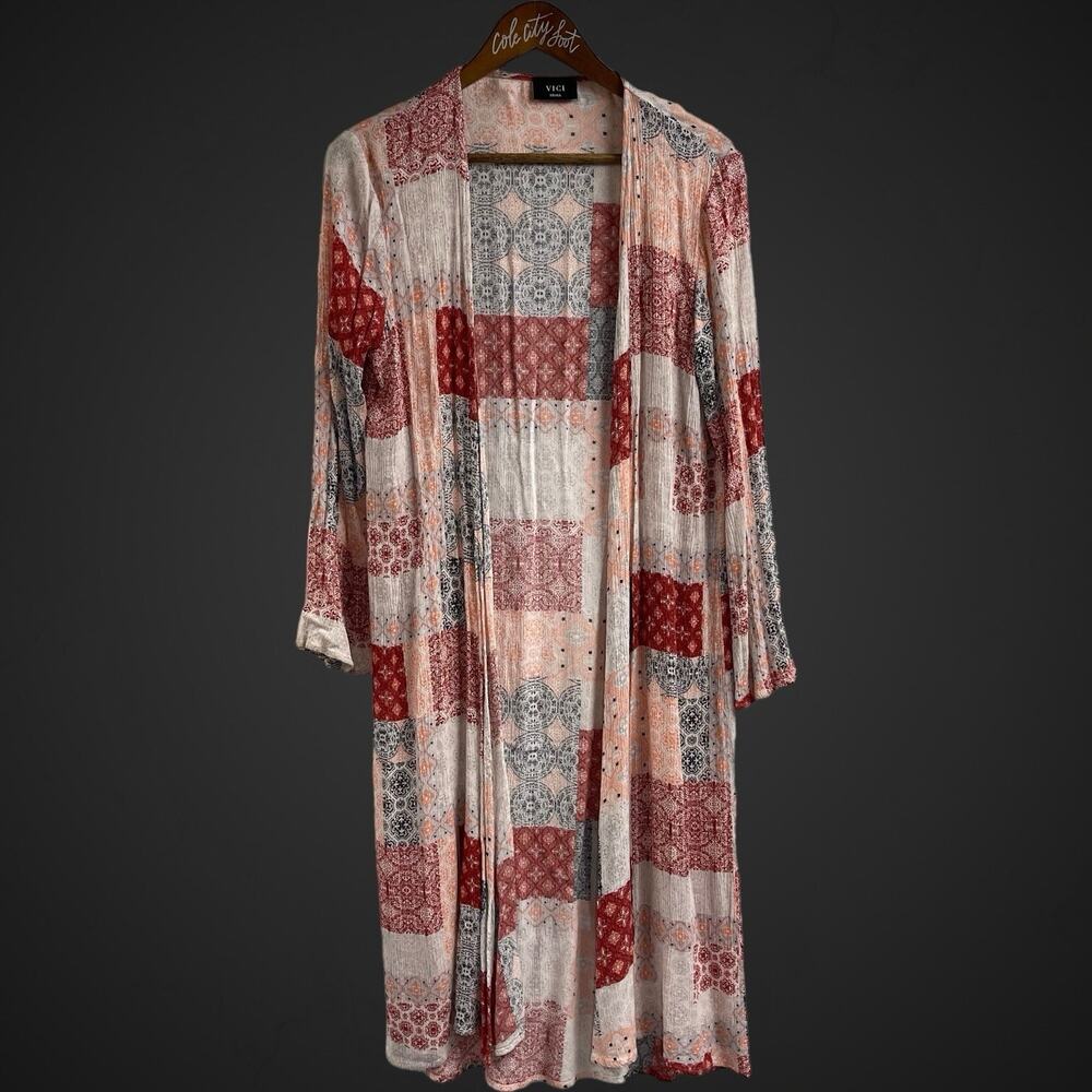 Vici Patchwork Print Duster Small Boho Brown Crea… - image 1